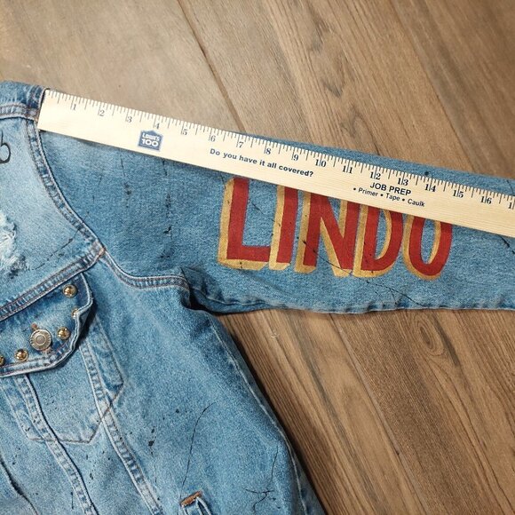 Denim Jean Jacket Mexico Lindo Y Querido Hand Painted Distressed Studs $229 - Picture 11 of 12